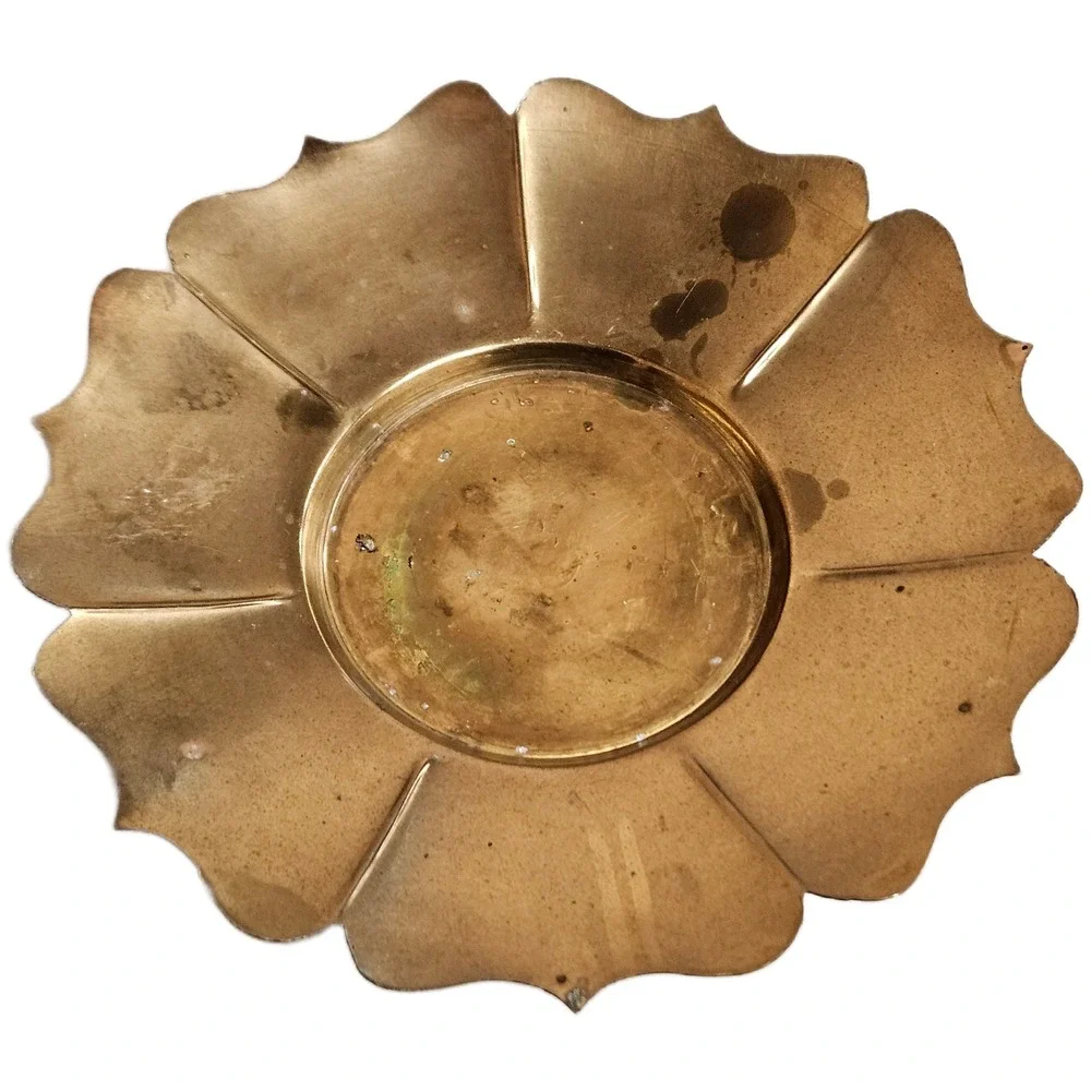 Vintage Brass Lotus Flower Pedestal Decorative Tray Candle‎ Holder Made In India
